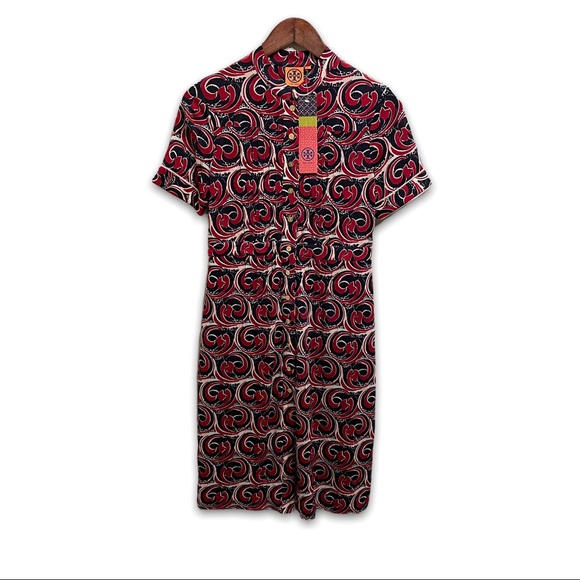 Tory Burch Dresses & Skirts - Tory Burch 100% Silk Button Front Shirt Dress All Over Print Red 

Size:Small